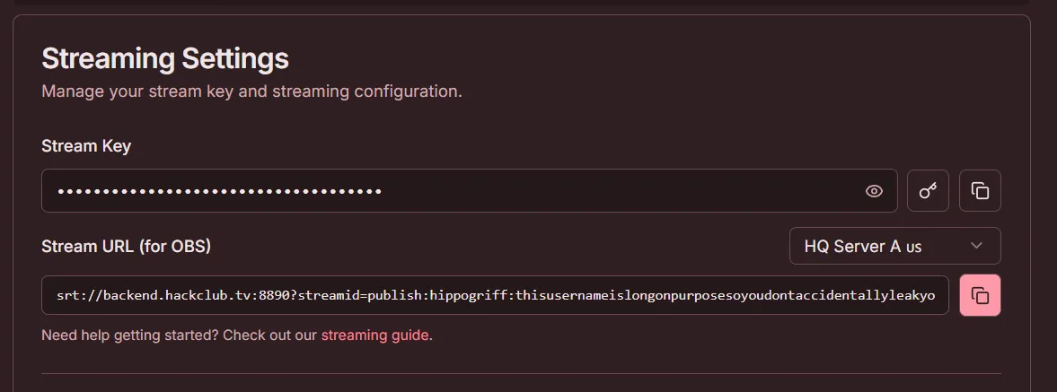 Hack Club TV Stream Settings