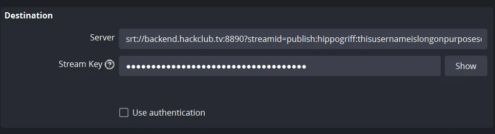 OBS Stream Settings with data filled in